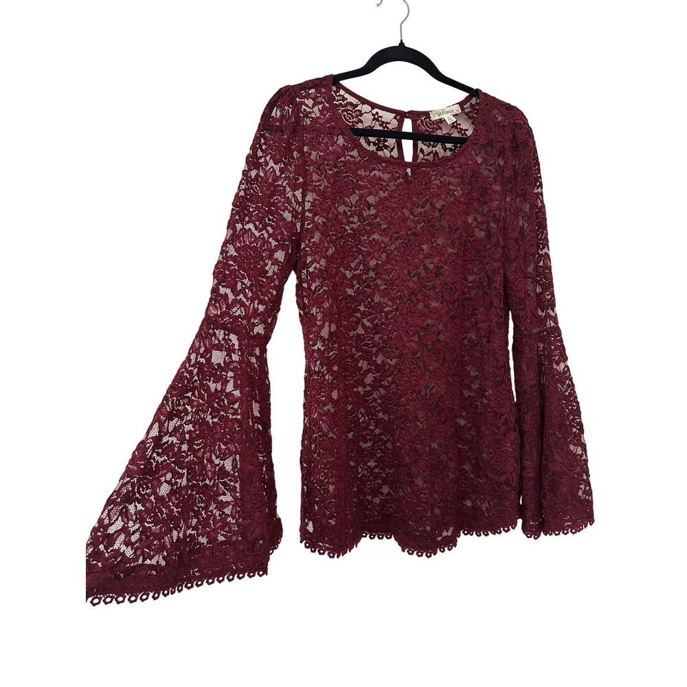 Alythea Womens XL Burgundy Floral Lace Bell Sleeve Top Boho Whimsigoth Holiday